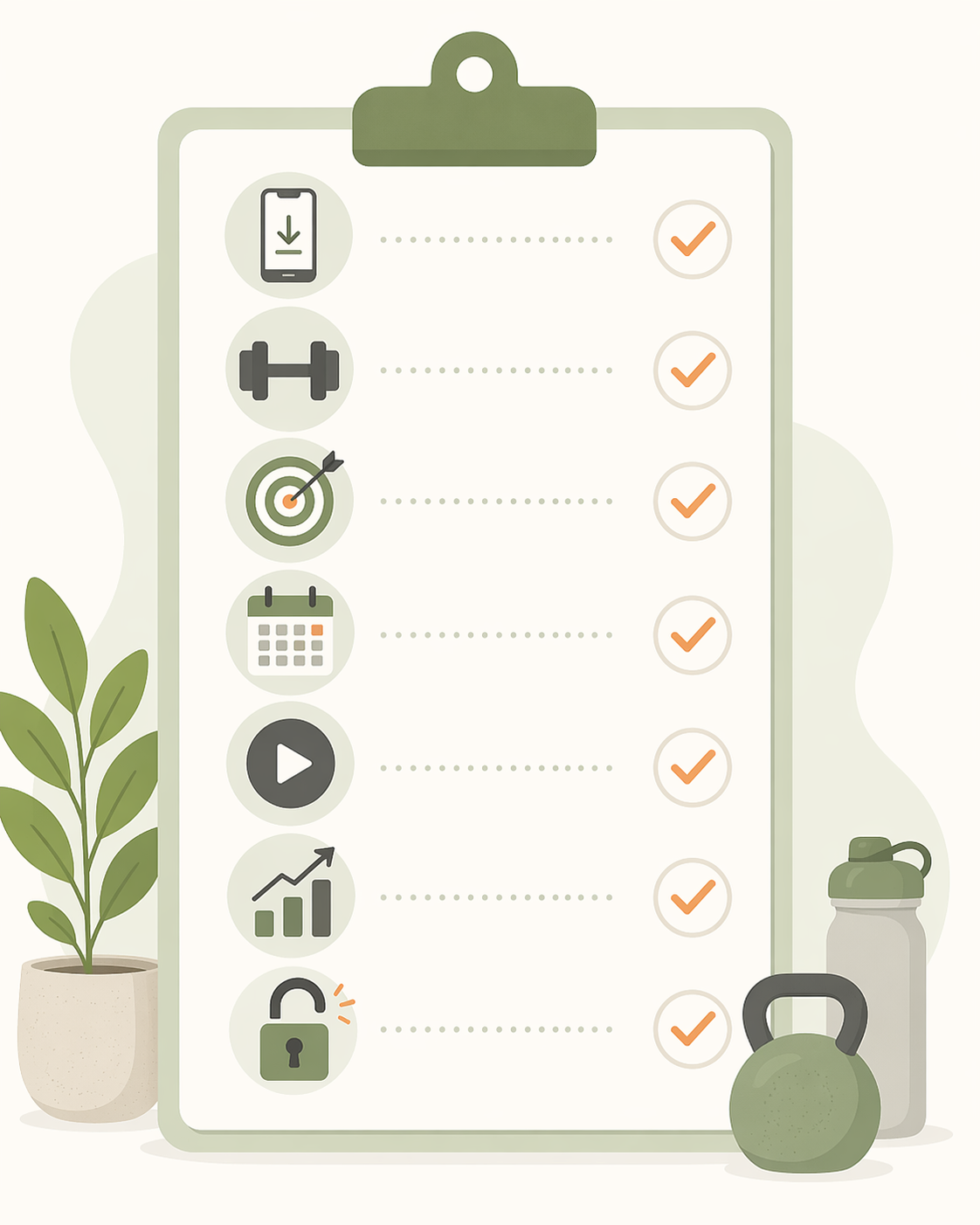 A flat-vector checklist illustration with seven checkmarked items represented by icons: a phone, a dumbbell, a target, a calendar, a play button, a chart, and an unlocked lock.