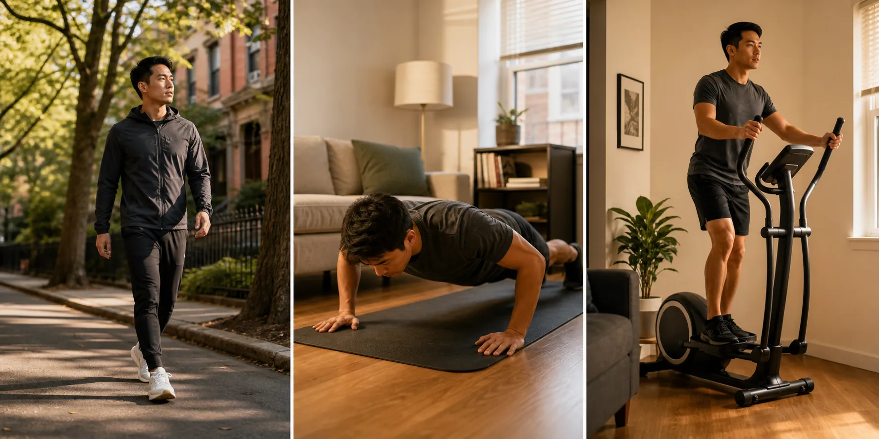 Brisk walking, bodyweight push-ups, and low-impact elliptical cardio as the three modes of a weekly home weight-loss plan