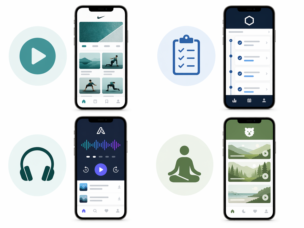 A grid illustration showing four workout app categories with smartphone mockups: Guided Video Classes, Structured Strength Programming, Audio-Based Workouts, and Yoga & Flexibility.