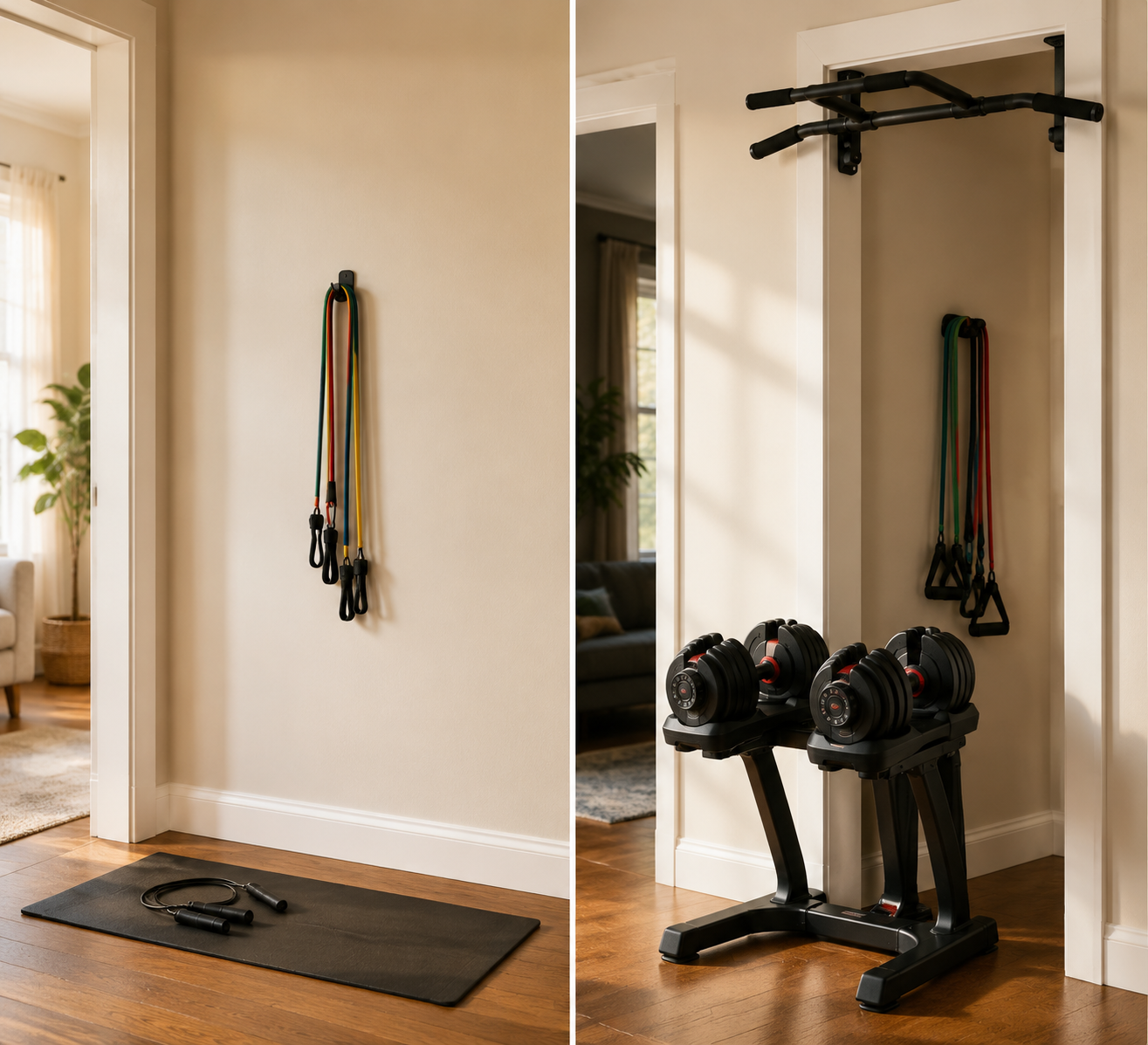 Side-by-side comparison of a minimal band, mat, and jump rope setup with a dumbbell, band, and pull-up bar setup