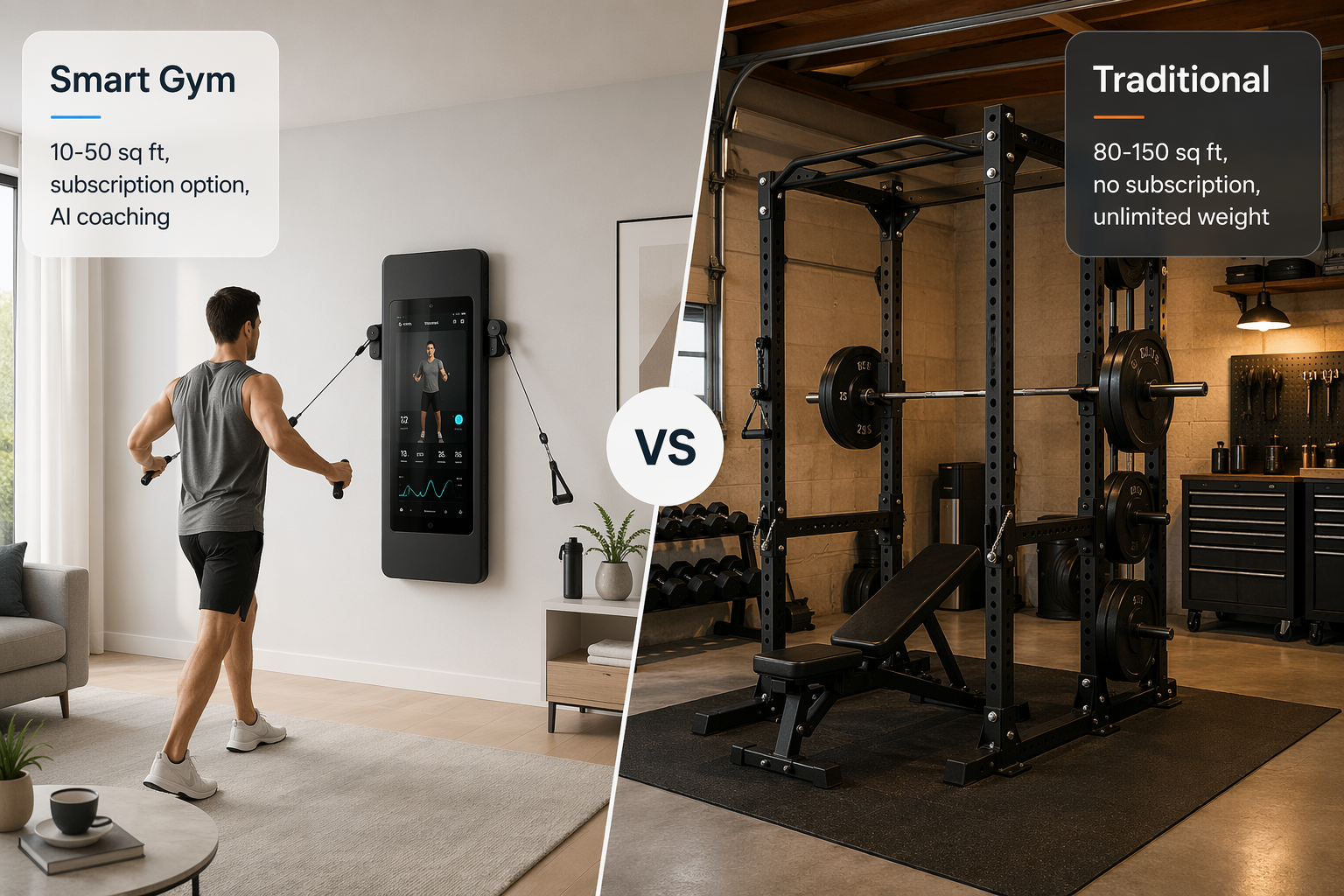 Split-comparison visual showing a wall-mounted smart home gym in a living room corner on the left and a traditional power rack setup in a garage on the right, with callout labels comparing footprint and features.