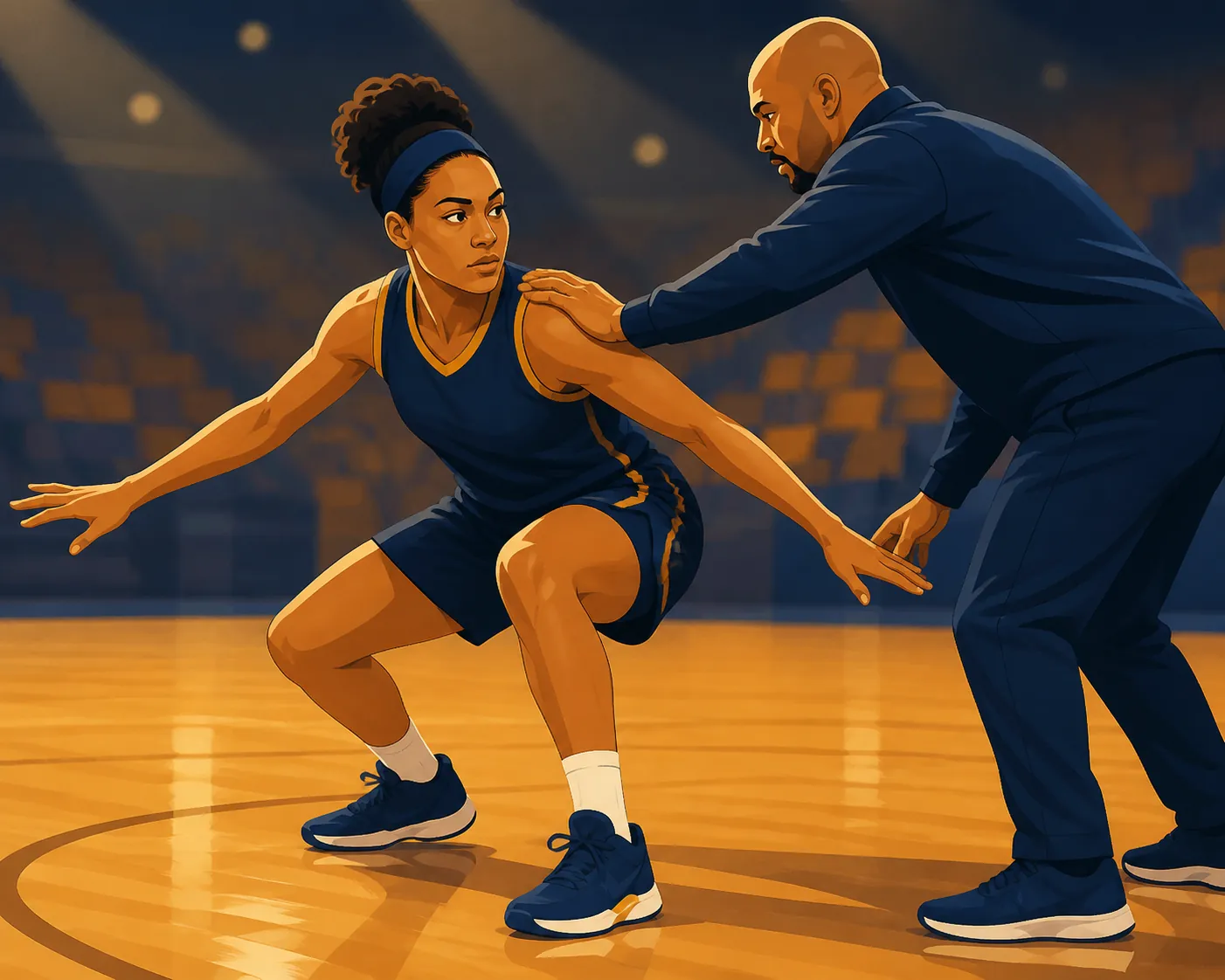 Basketball player absorbing contact from a coach while staying balanced in a low stance
