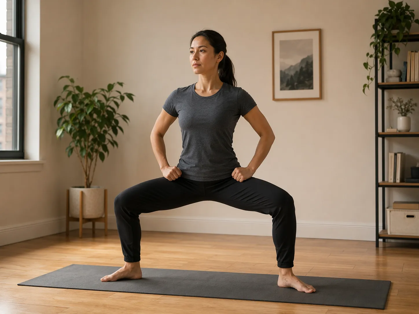 Person holding a horse stance on a yoga mat in a living room with furniture moved aside