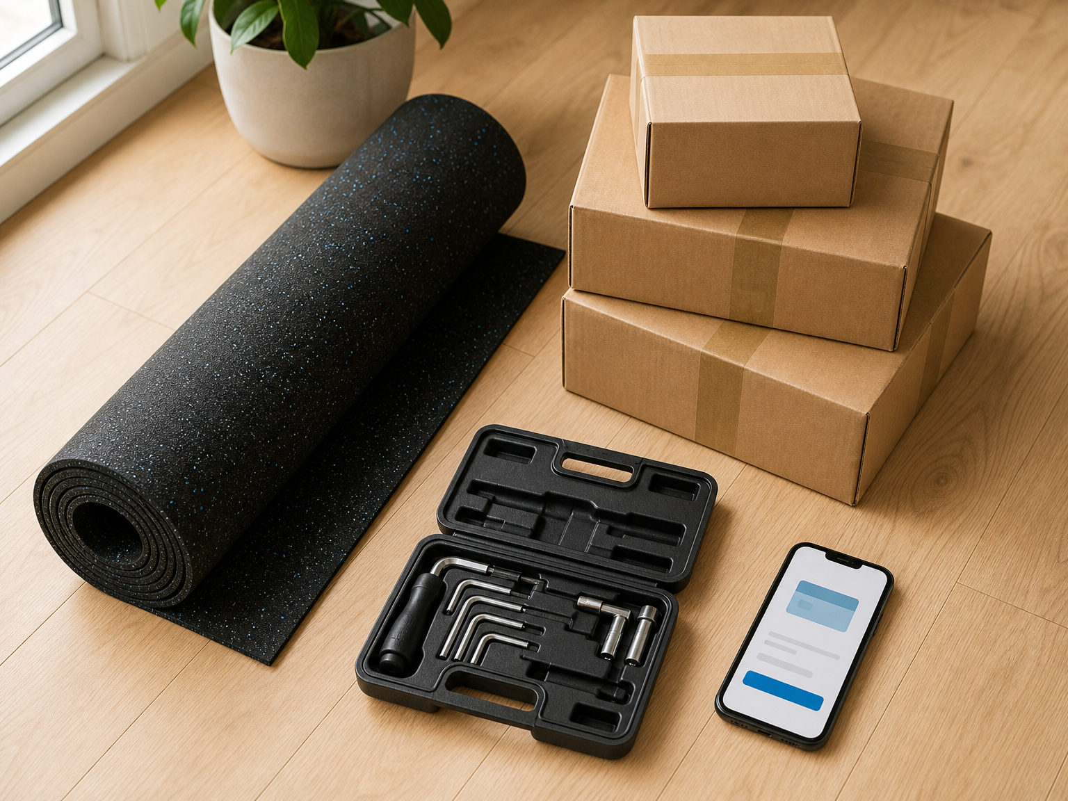 A flat lay showing rubber flooring, tools, shipping boxes, and a subscription payment screen on a smartphone.