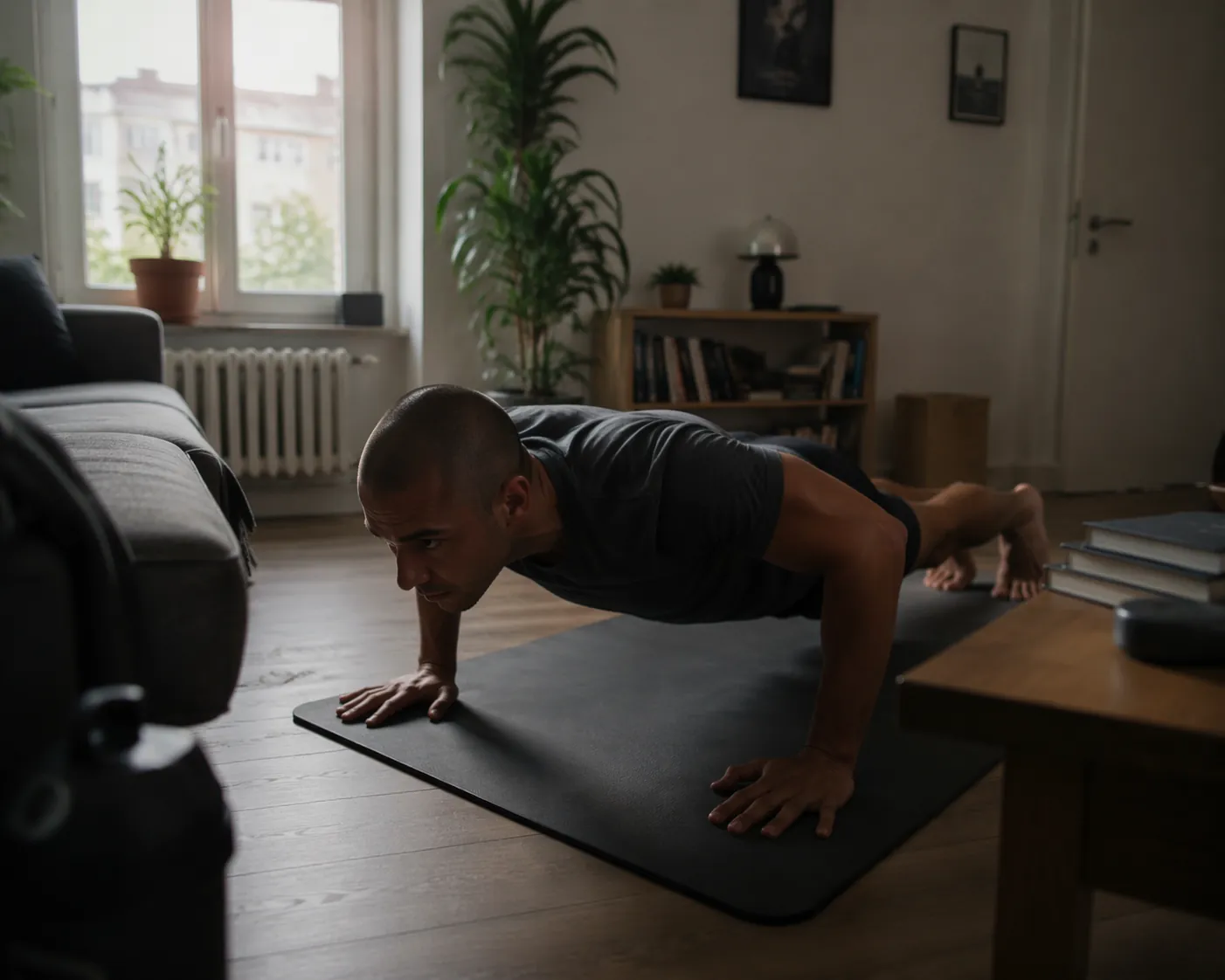 Person doing a pushup on a floor mat in a small apartment living room with no gym equipment