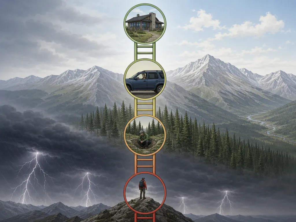 A terrain safety scale comparing lightning risk on an exposed summit, in a ditch among uniform trees, in a hardtop vehicle, and inside a building
