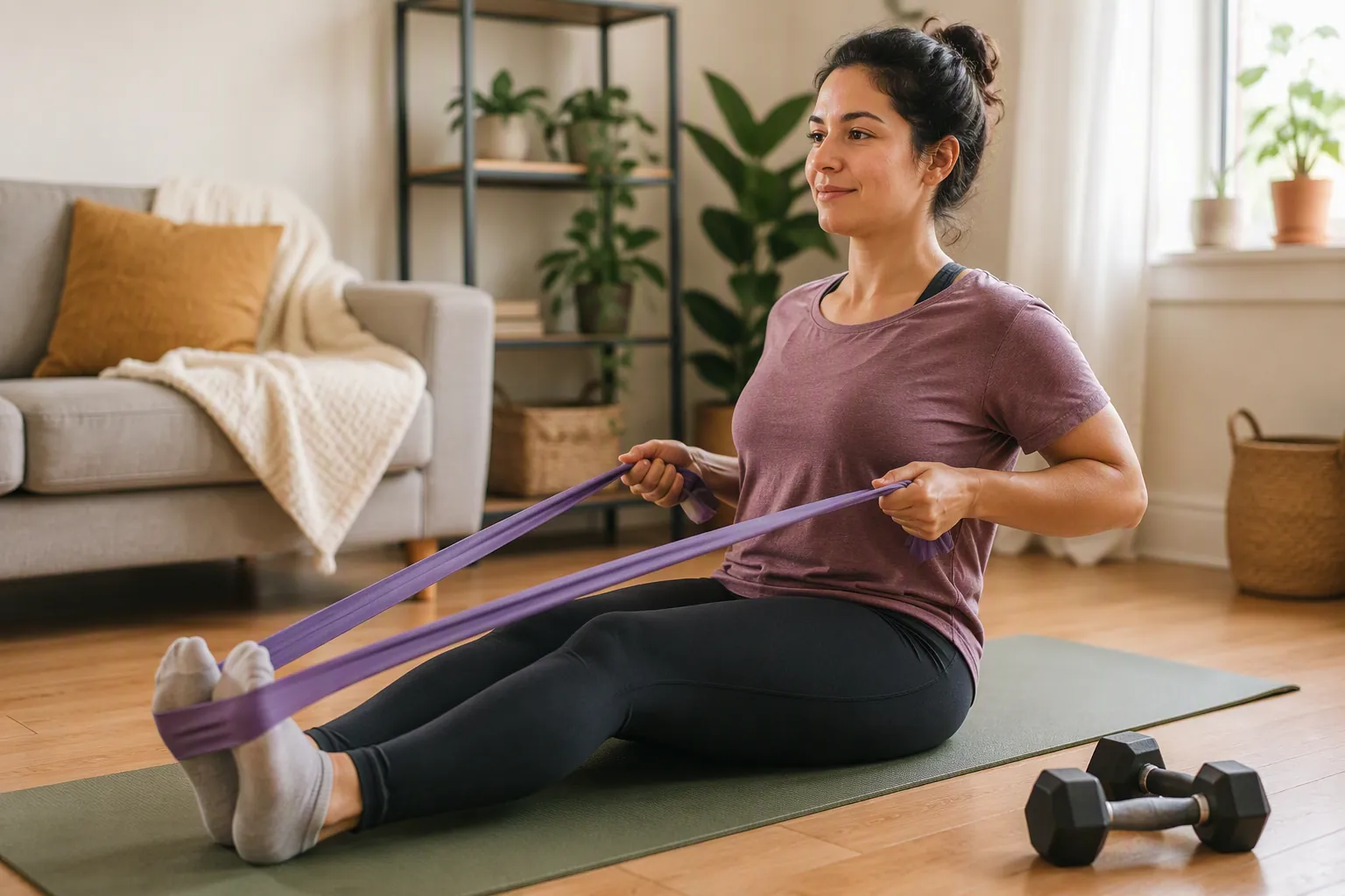 Woman seated on a yoga mat performing a gentle resistance band row in a small living room