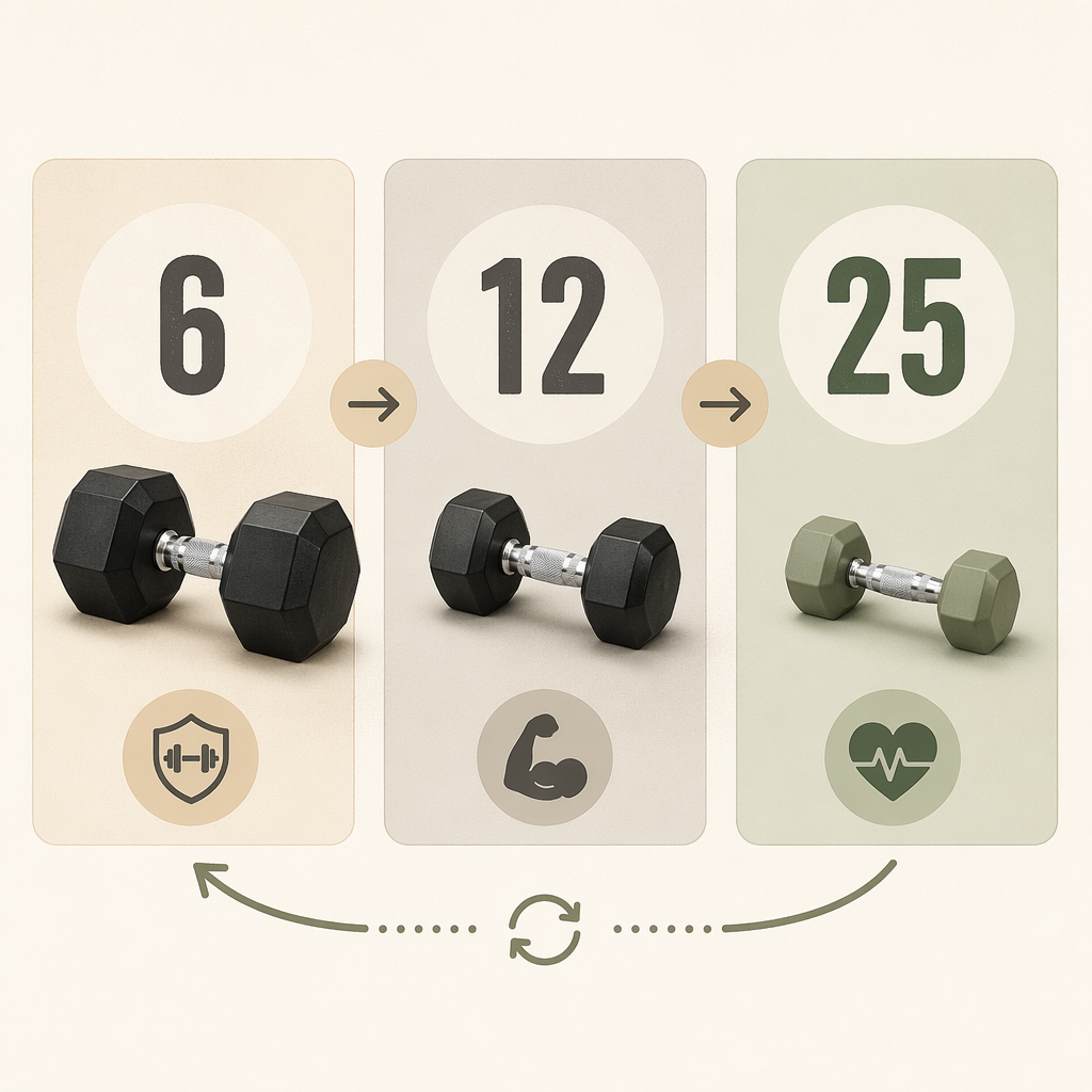 Three horizontal panels showing heavy, moderate, and light dumbbell icons with rep numbers 6, 12, and 25, connected by arrows to illustrate the rep-range rotation method across training days.