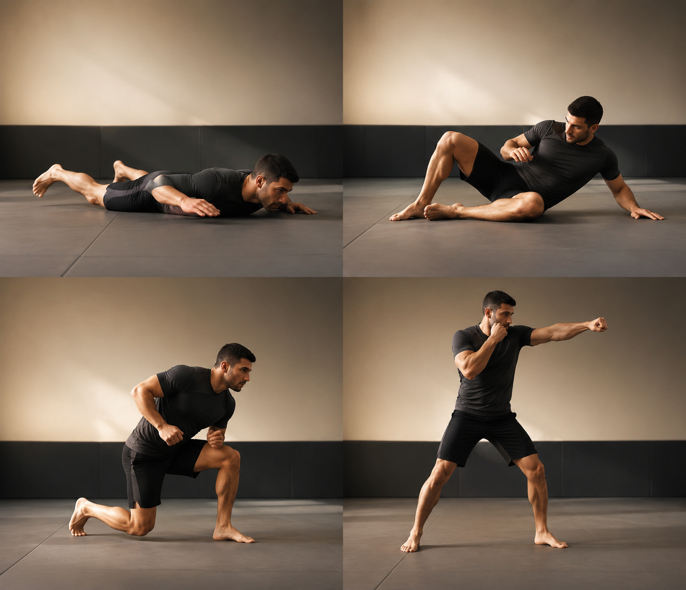 Four sequential poses showing a sprawl, shrimp hip escape, technical stand-up, and fighting-stance shadowboxing combination