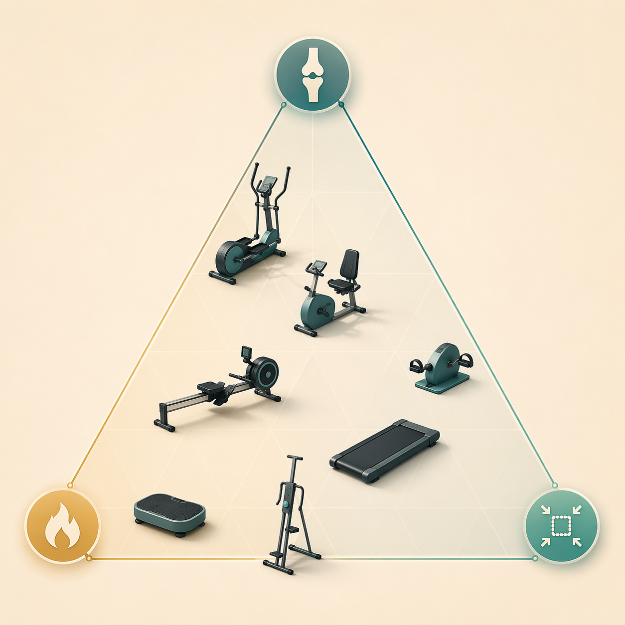 Abstract trade-off map showing seven low impact exercise equipment types positioned between joint load, calorie burn, and space constraints