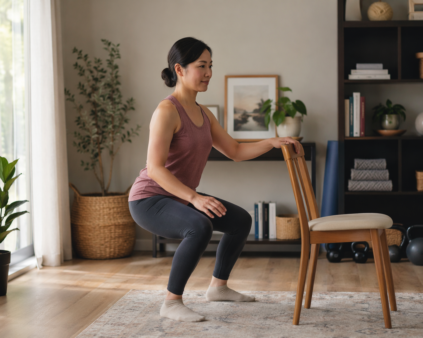 Person performing a gentle chair-supported squat in a home workout setting