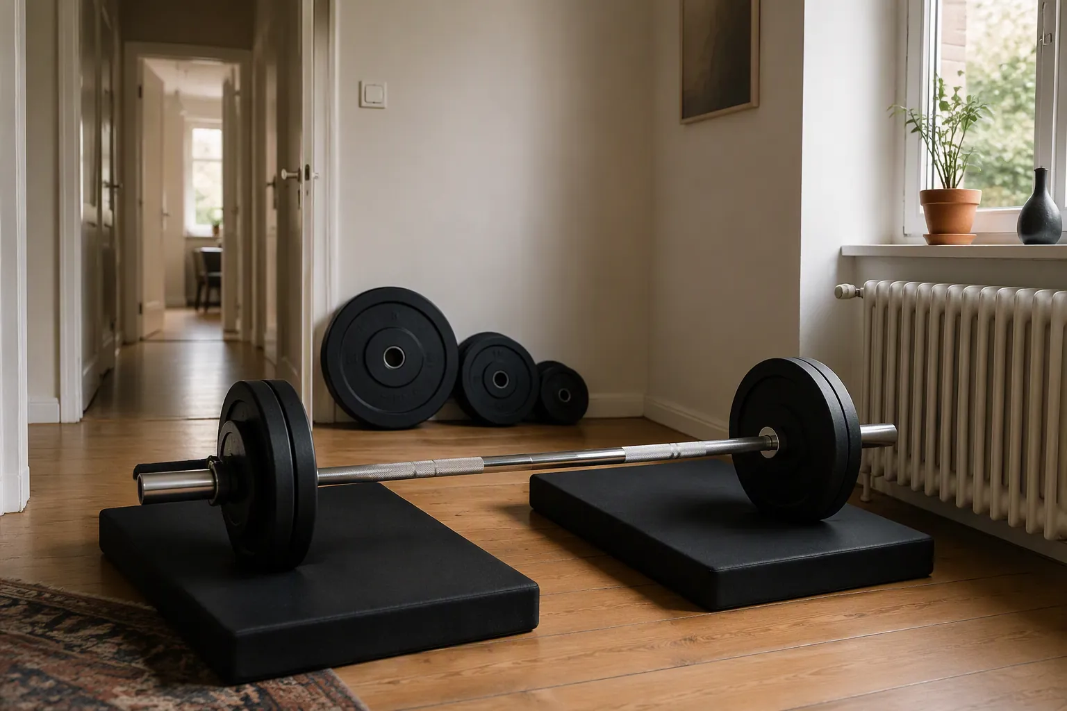 Loaded barbell resting on foam crash pads in a tight apartment living room