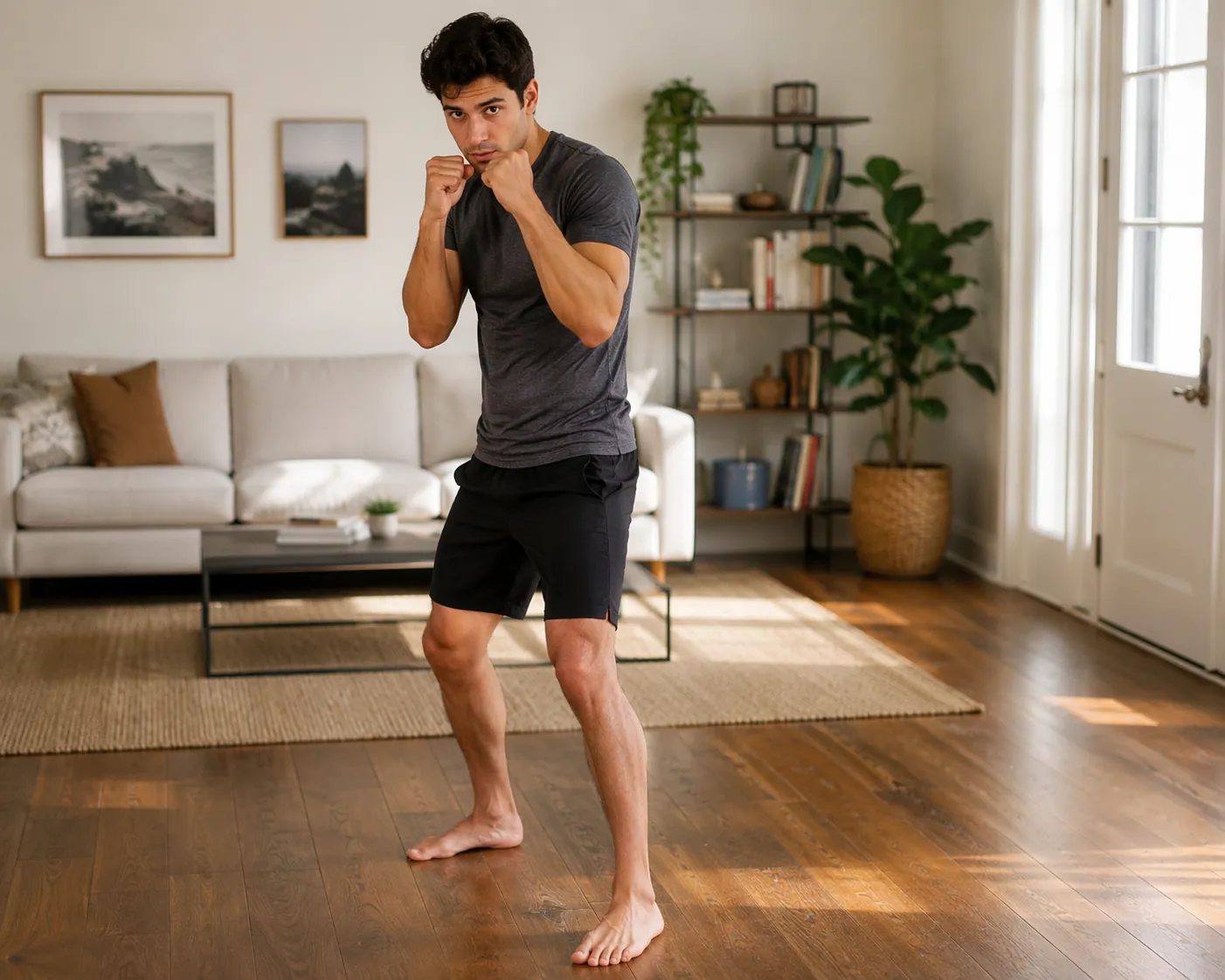 Barefoot beginner boxing stance on a living room floor with knees bent and guard raised