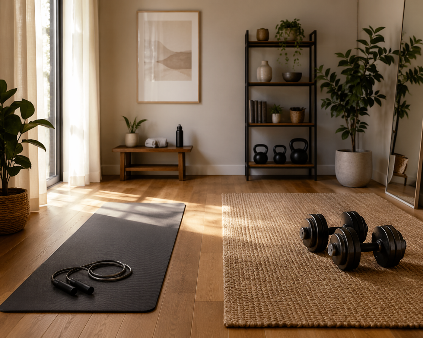 Home workout space divided between jump rope cardio and dumbbell strength training