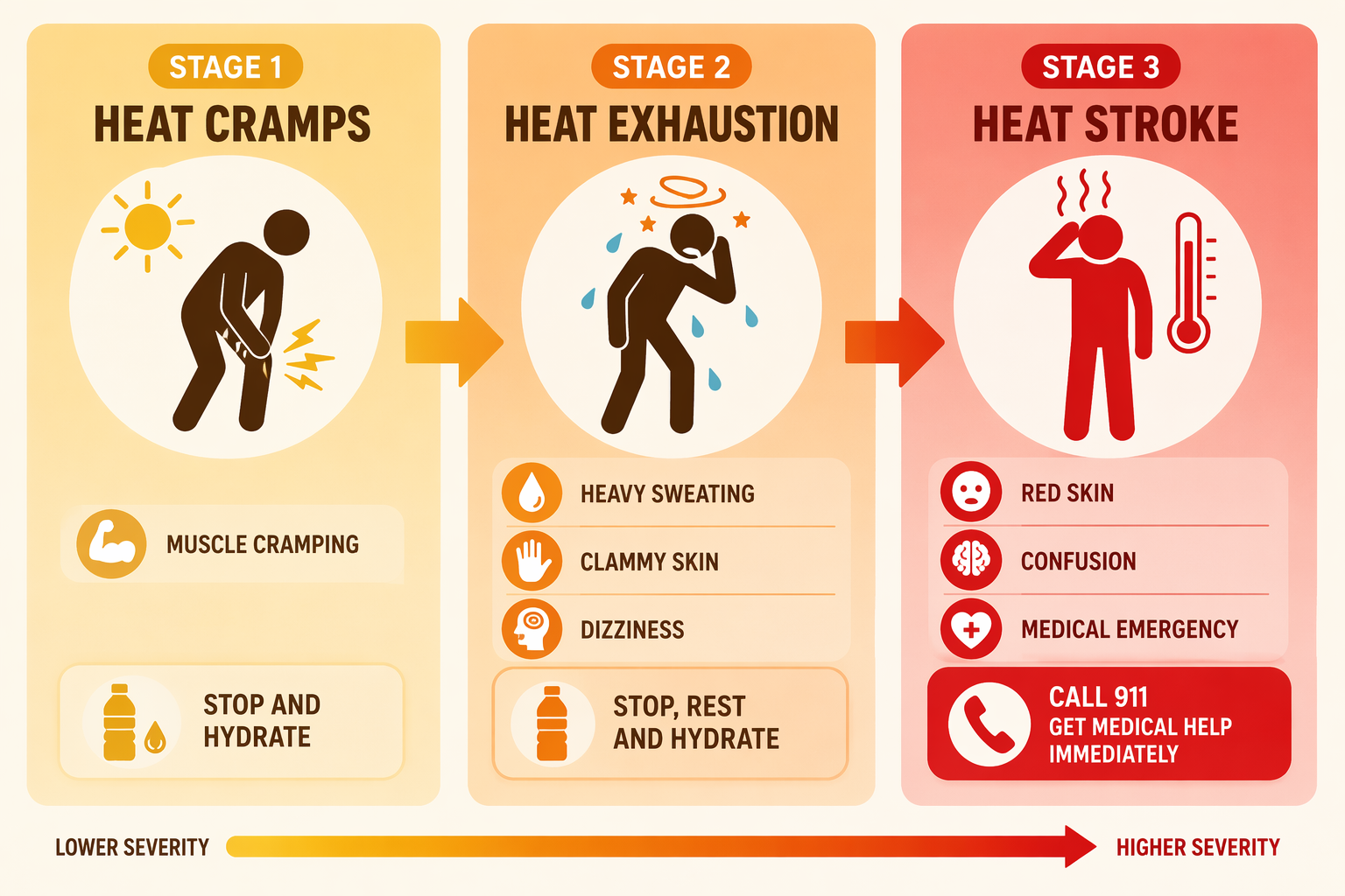 Three-stage heat illness progression from heat cramps to heat exhaustion to heat stroke