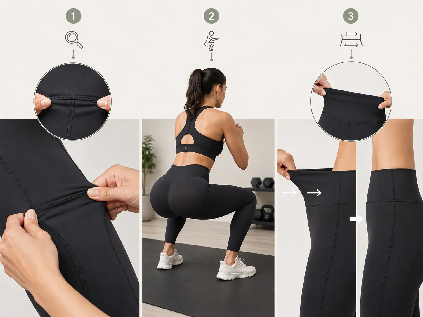 Three activewear inspection steps showing a seam stretch test, squat opacity check, and waistband recovery test