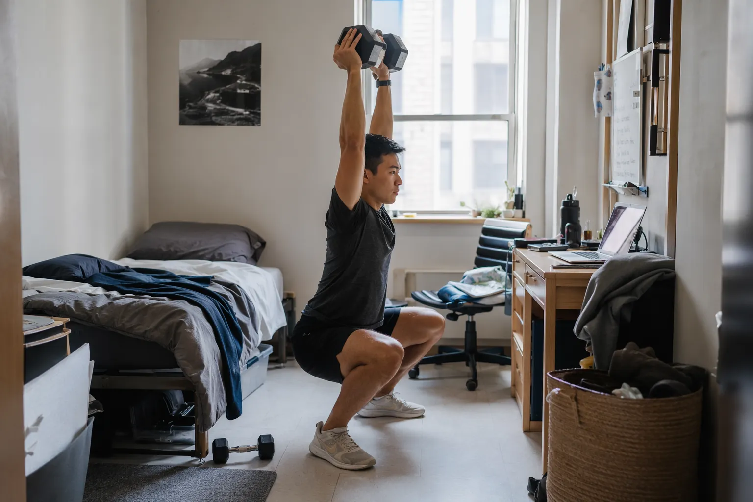 Person in a small apartment performing a standing dumbbell squat-to-press with minimal equipment nearby