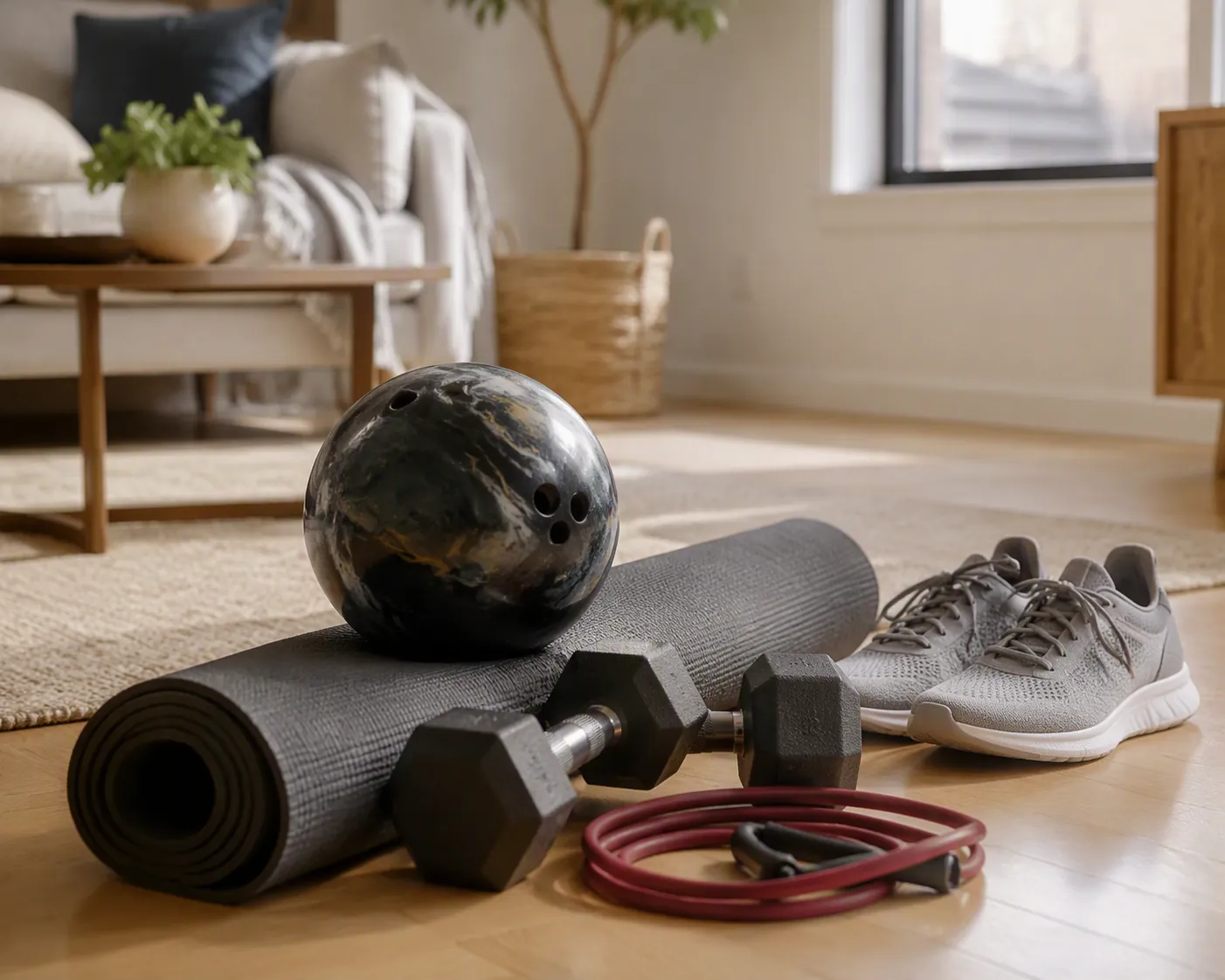 Home workout corner with a bowling ball, exercise mat, dumbbells, resistance band, and athletic sneakers