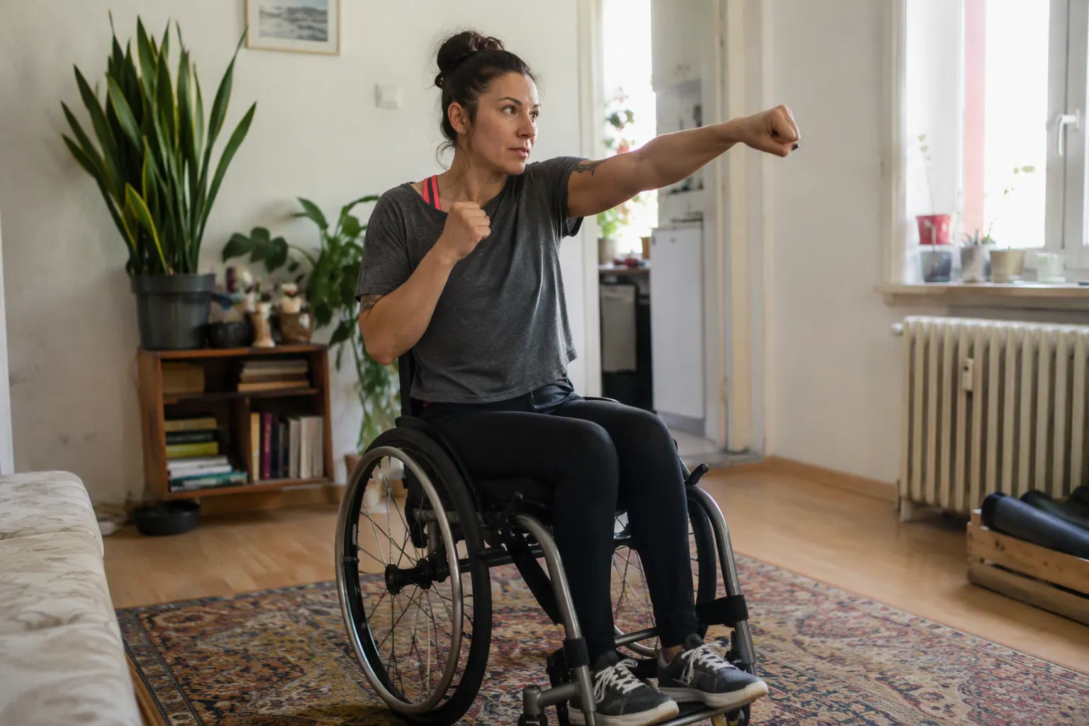 Wheelchair user doing upper-body cardio with air punches in a small home living room
