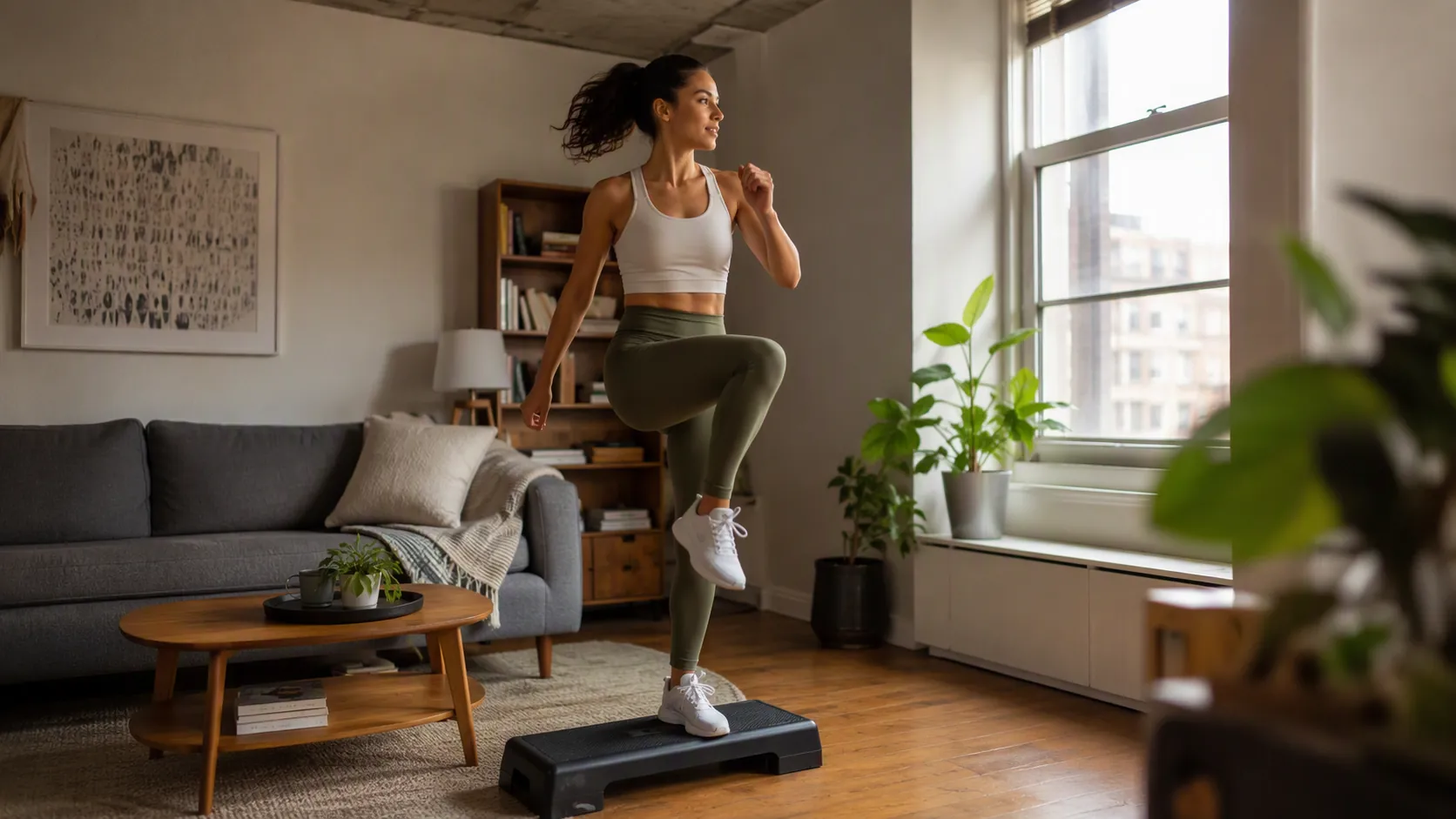 Woman doing brisk step-ups in a compact apartment living room