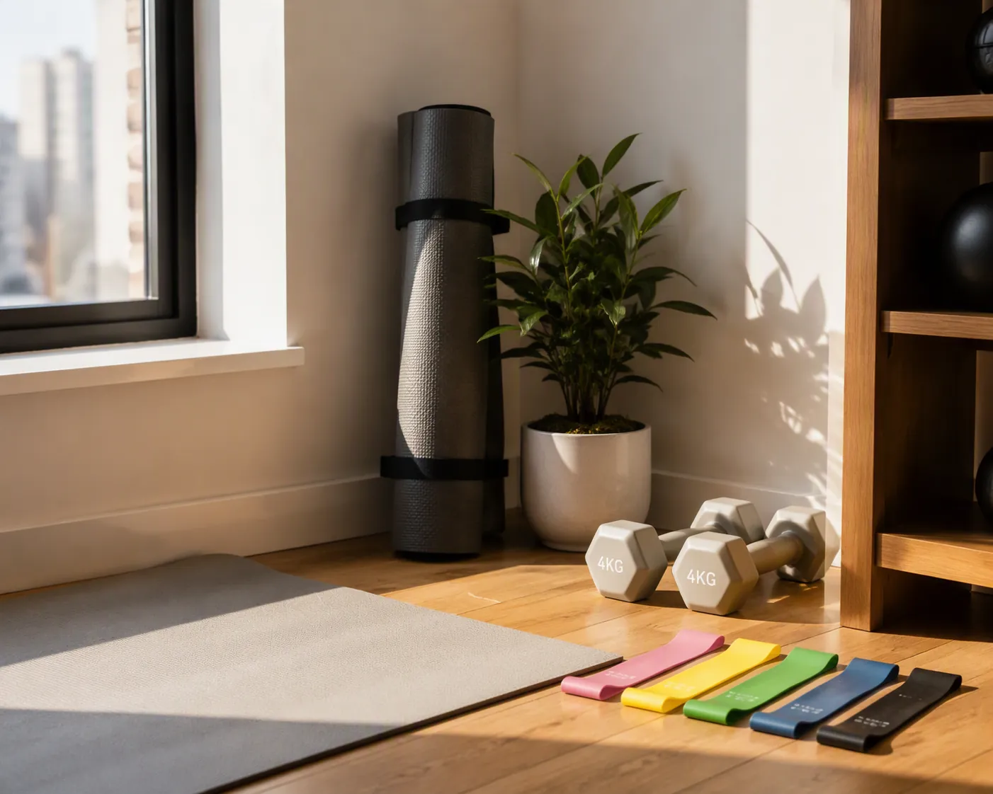 Compact apartment workout corner with a yoga mat, light dumbbells, and resistance bands