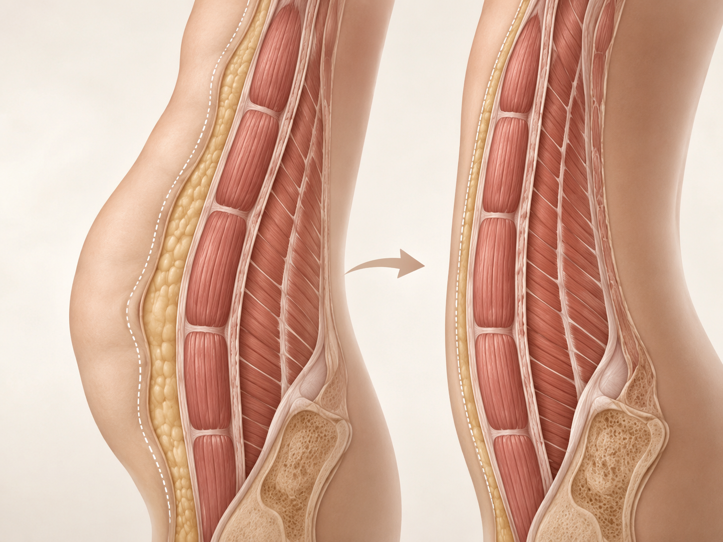 Abdominal wall cross-section showing loose skin over a stronger muscle layer