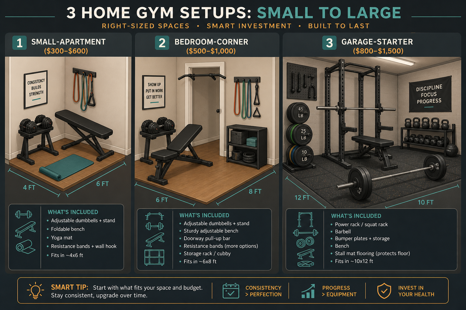 Three-panel comparison illustration showing home gym starter blueprints from smallest to largest: Small-Apartment ($300–$600) with adjustable dumbbells, foldable bench, mat, bands; Bedroom-Corner ($500–$1,000) with dumbbells, sturdier bench, pull-up bar; Garage-Starter ($800–$1,500) with power rack, barbell, plates, rubber flooring.