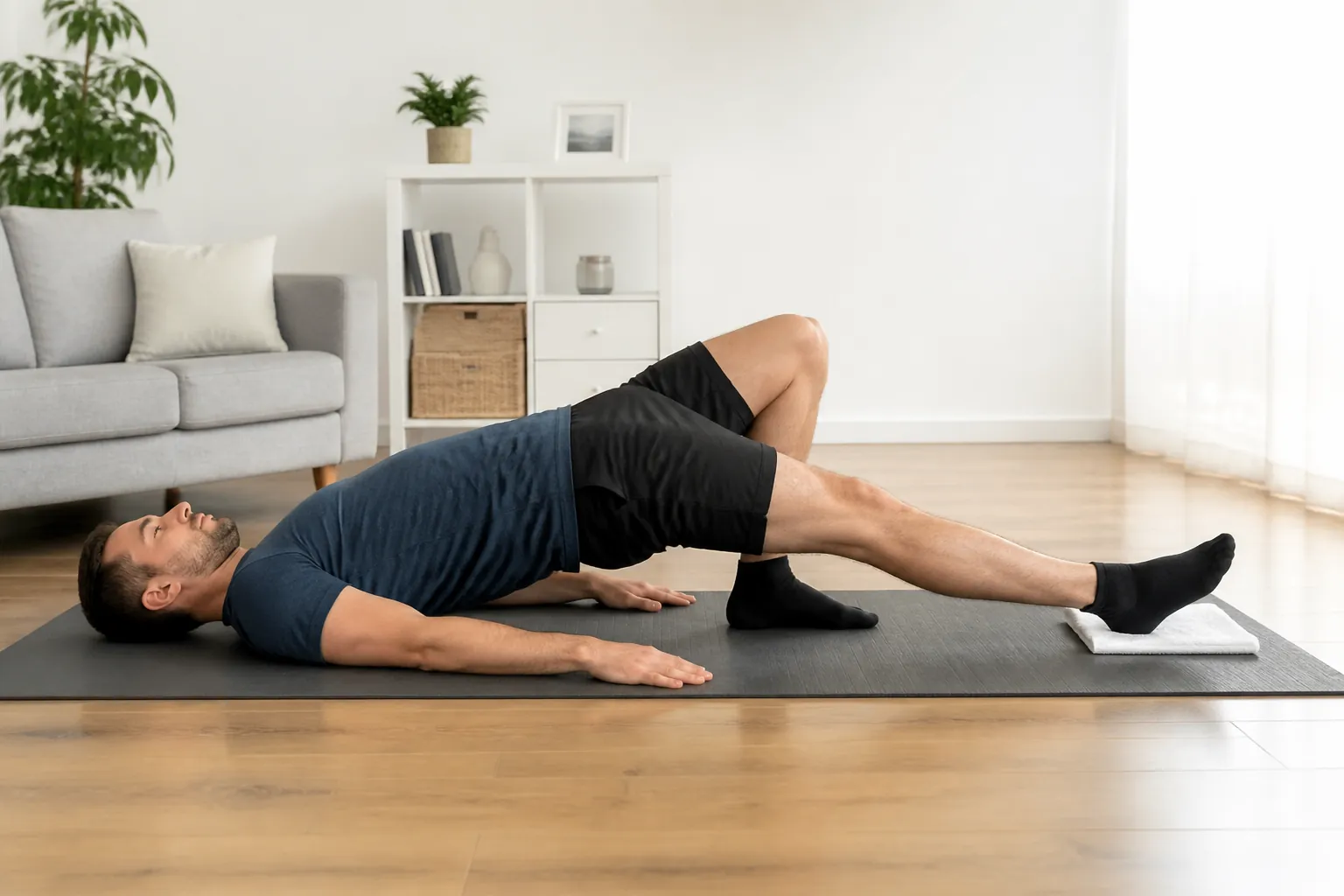 Person performing a towel hamstring slider on a yoga mat at home