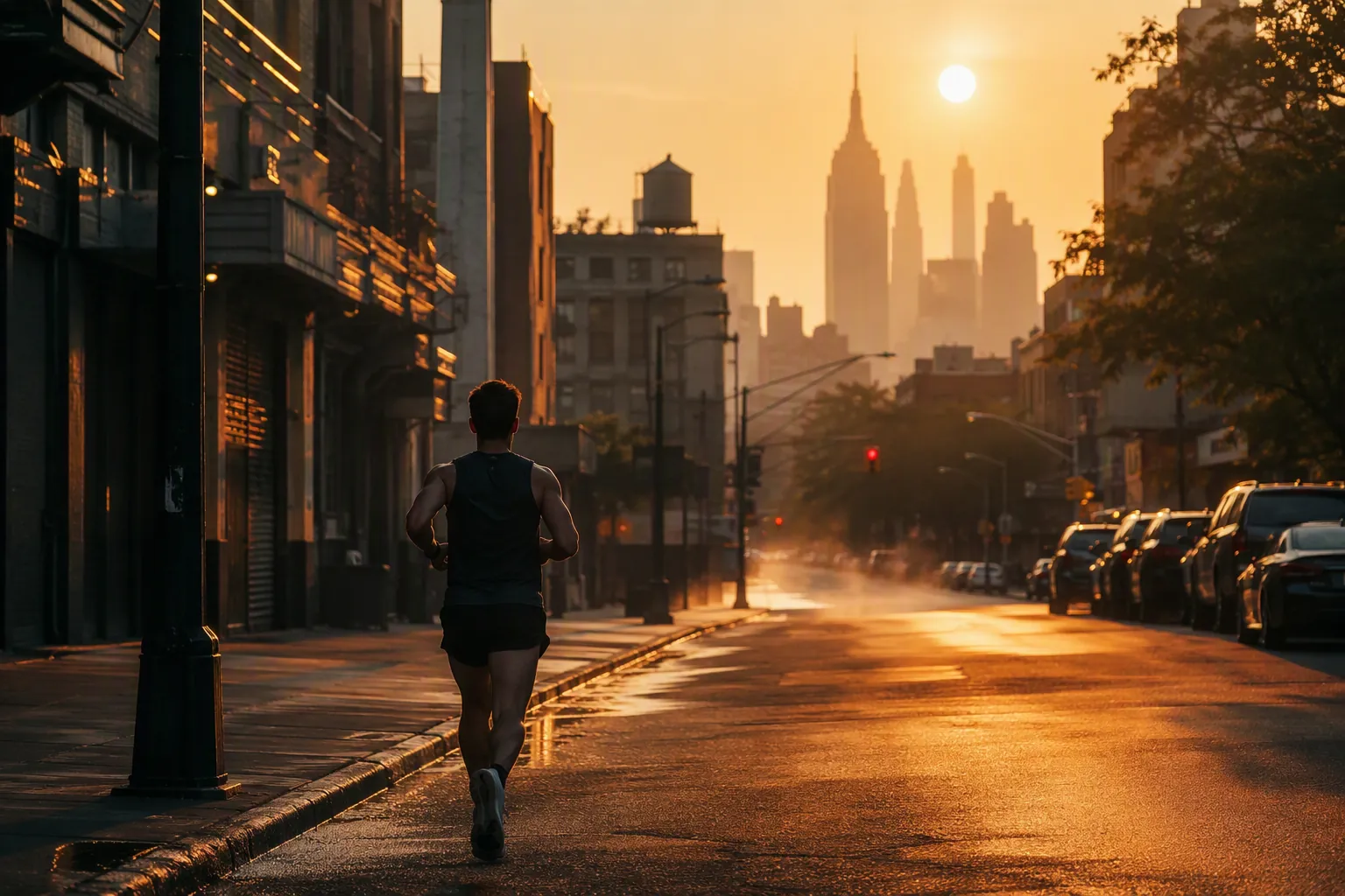 Runner on an empty New York City street at humid dawn with the Manhattan skyline in golden light