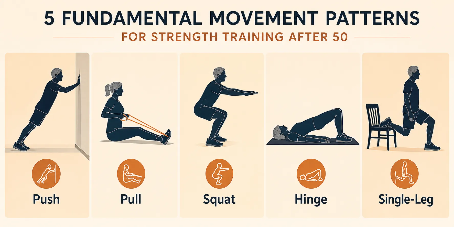 Five-panel illustration of an older adult performing push, pull, squat, hinge, and single-leg movement patterns