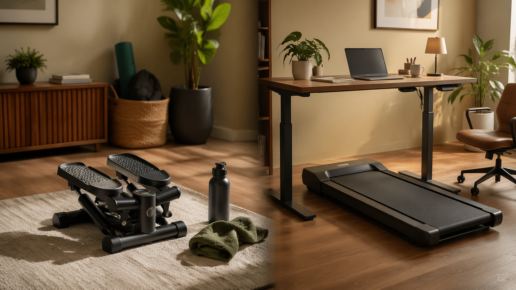 Home office split between a mini stepper setup for a short workout and a walking pad under a standing desk