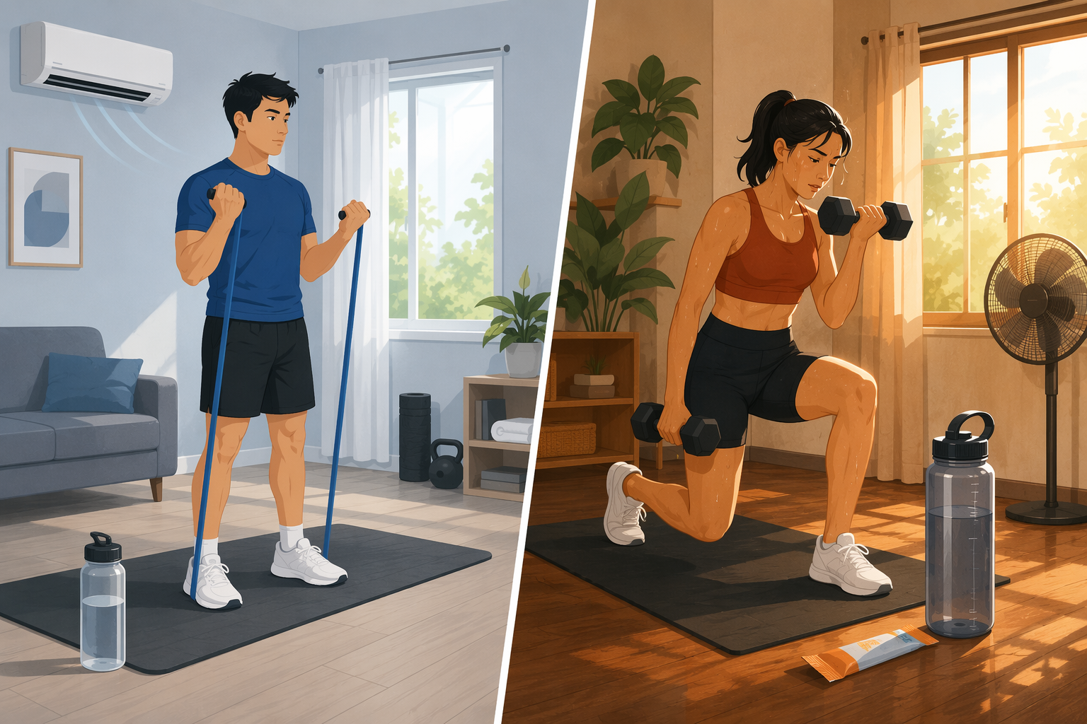 Split illustration comparing a short cool home workout with water and a hotter longer workout with electrolytes