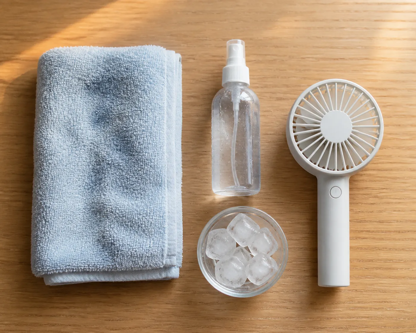 Damp towel, spray bottle, bowl of ice, and small fan arranged as inexpensive home cooling supplies