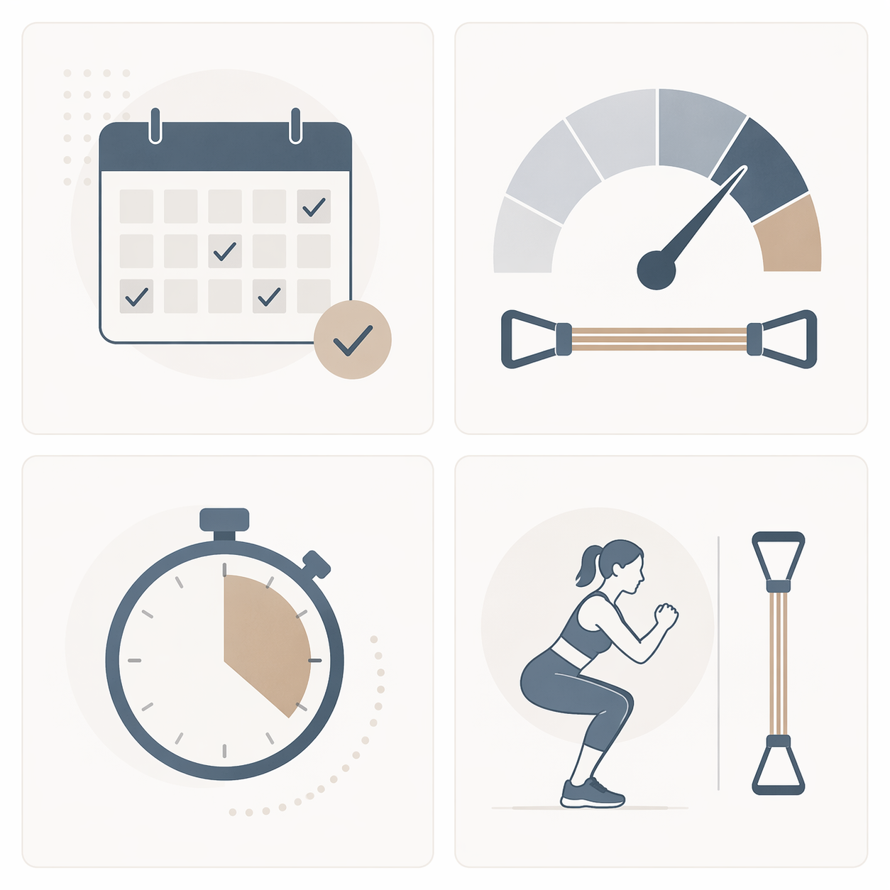 Four-panel FITT visual with checkmarks, a tension gauge, a timer, and a bodyweight movement icon