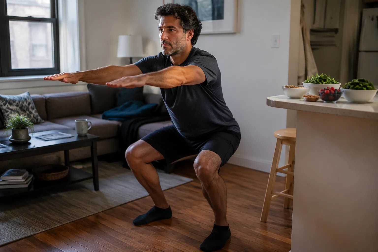 Person doing a bodyweight squat at home near heart-healthy foods