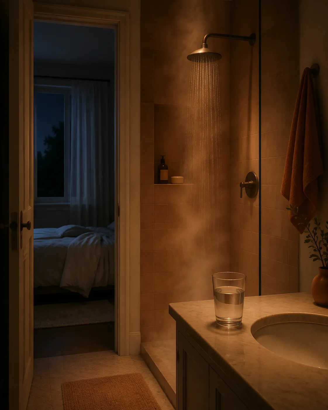 Warm shower before bed with a glass of water and a dim bedroom visible through the doorway