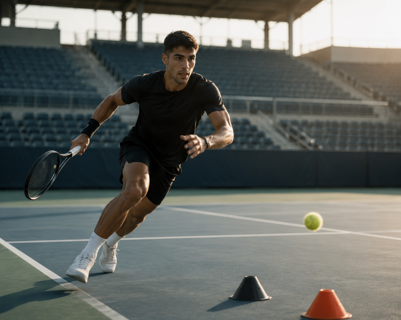 A tennis player taking an explosive first step during focused low-volume training on a morning court