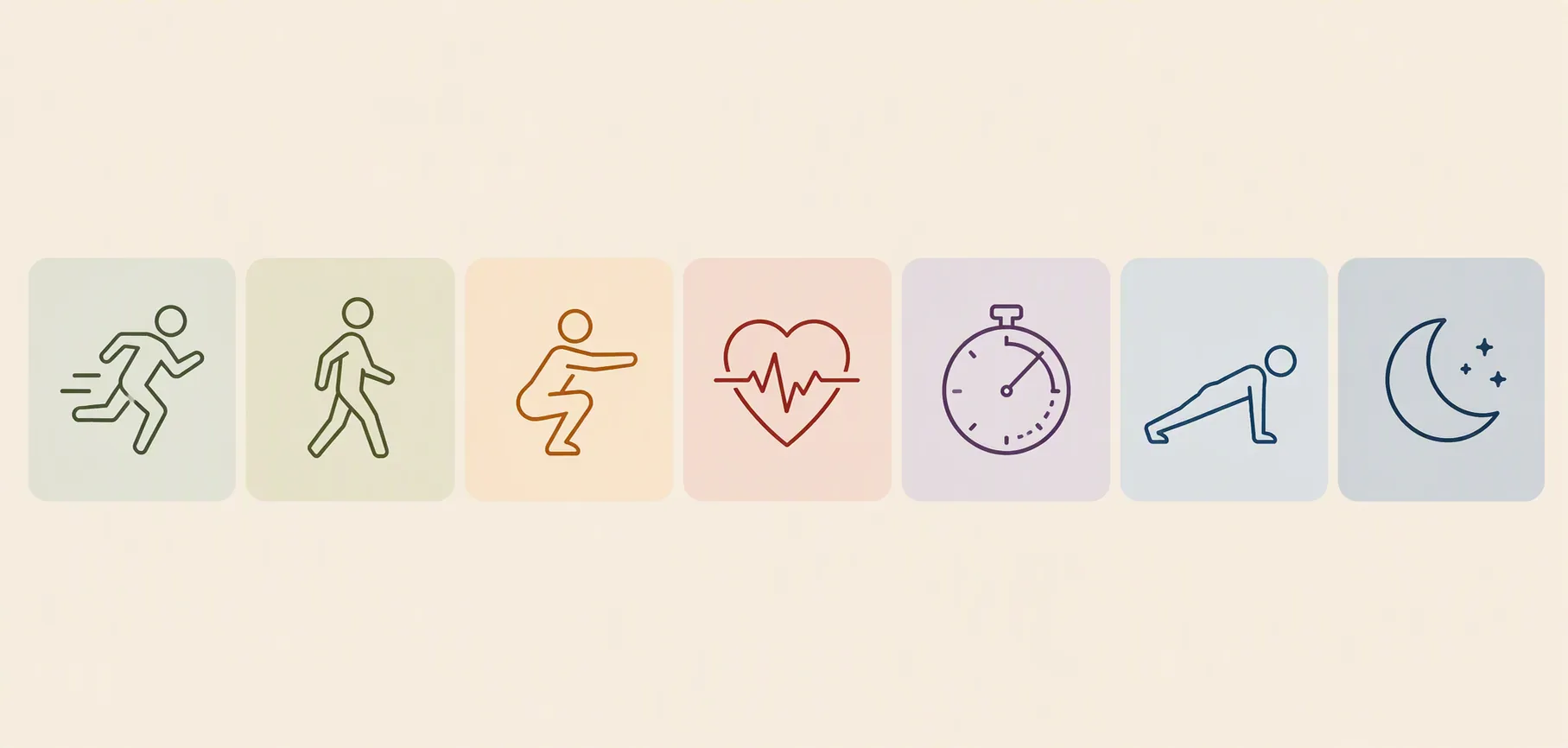Illustration of a seven-day workout plan with six exercise tiles and one rest tile
