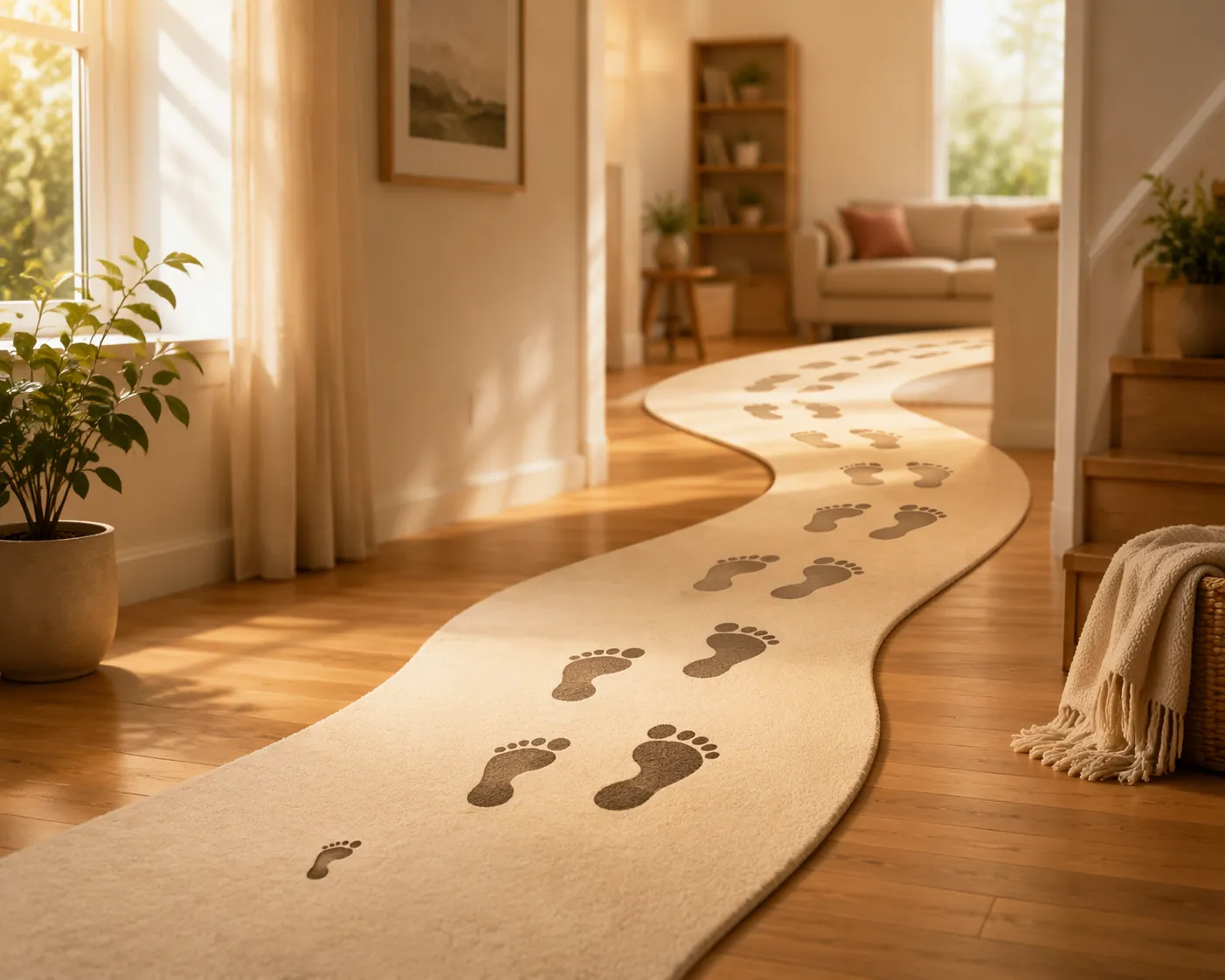 Footprints growing along a winding path across a home floor toward a sunlit window