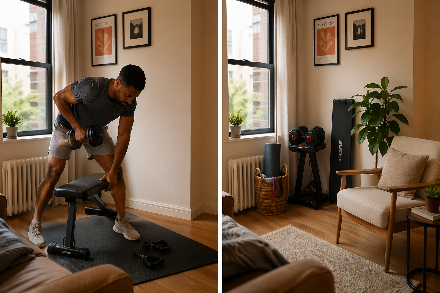 Split-scene apartment living room showing workout equipment in use on one side and the same space with all equipment stored away on the other side, demonstrating equipment that disappears between uses.