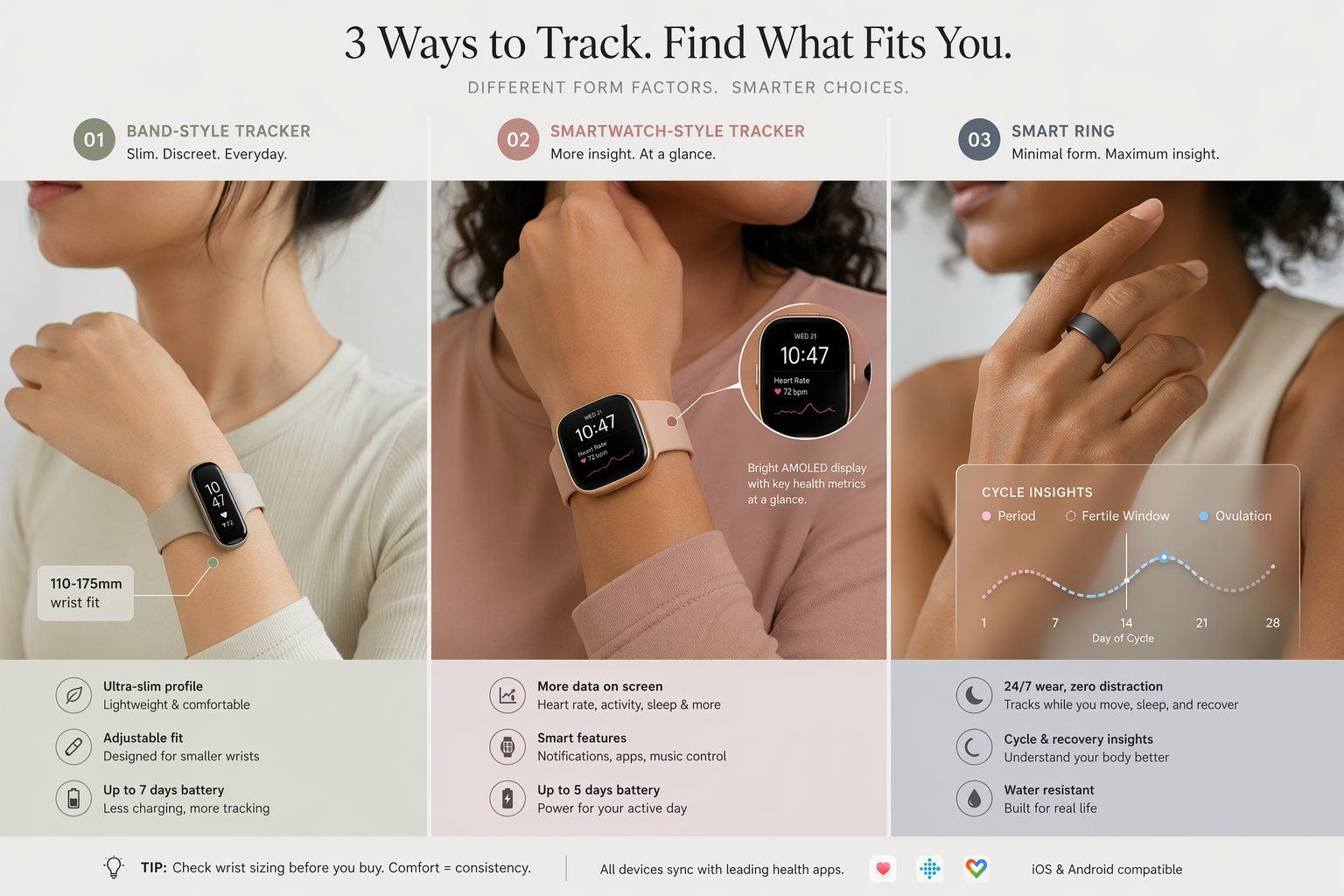Best Fitness Trackers for Women in 2026: A Tiered Comparison by Wrist Size, Cycle Tracking, and Style
