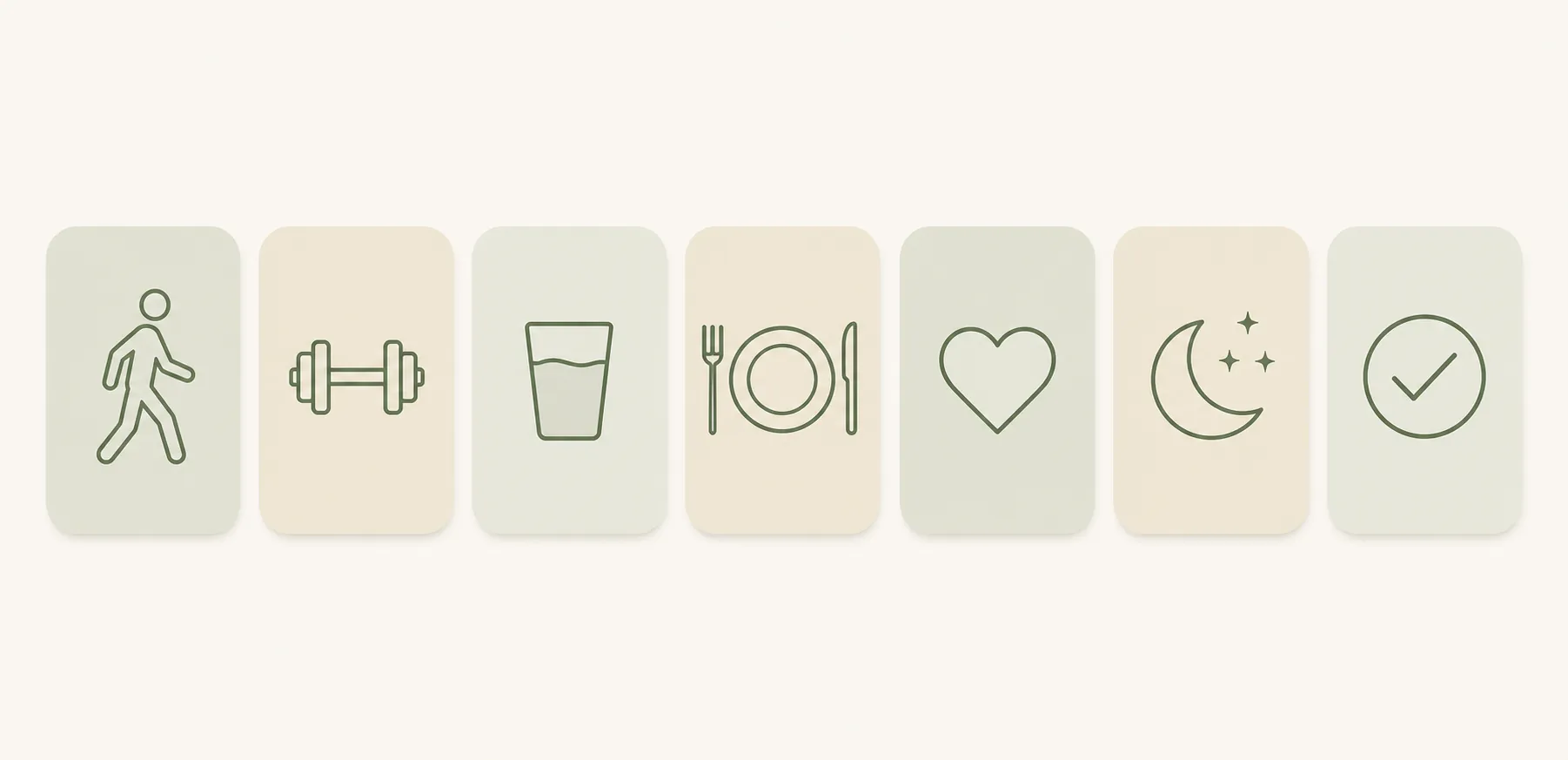 Seven minimal routine cards with icons for walking, strength, water, meals, heart, sleep, and completion