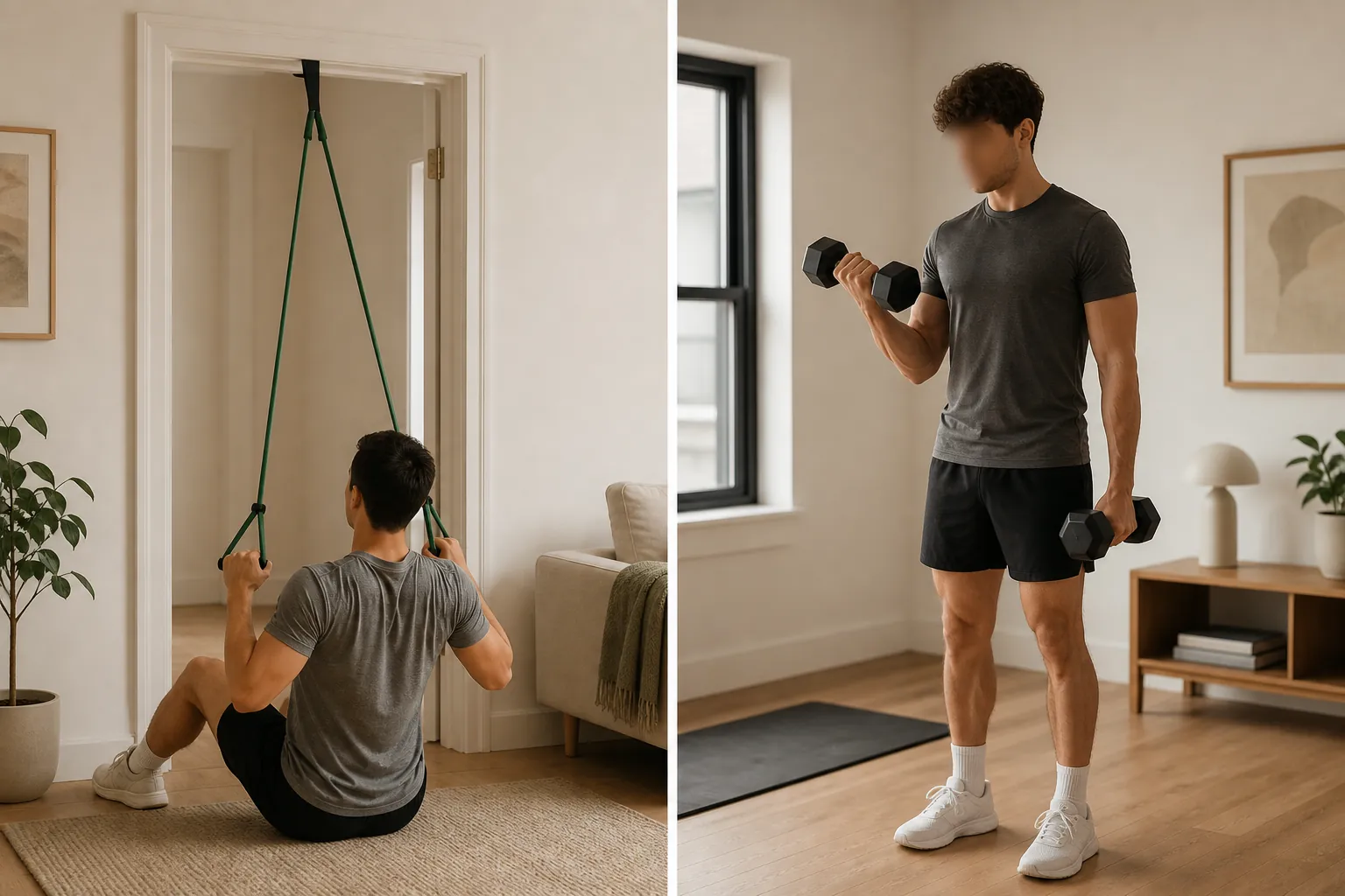 Banded lat pulldown and dumbbell bicep curl shown side by side in a small apartment