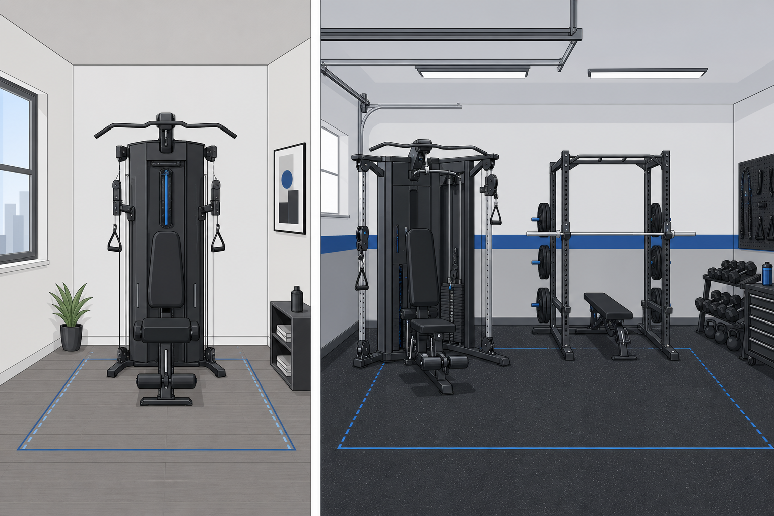 Split-scene illustration comparing a compact smart gym in a 6x8 ft apartment corner with a full-sized weight stack machine in a 10x12 ft garage.