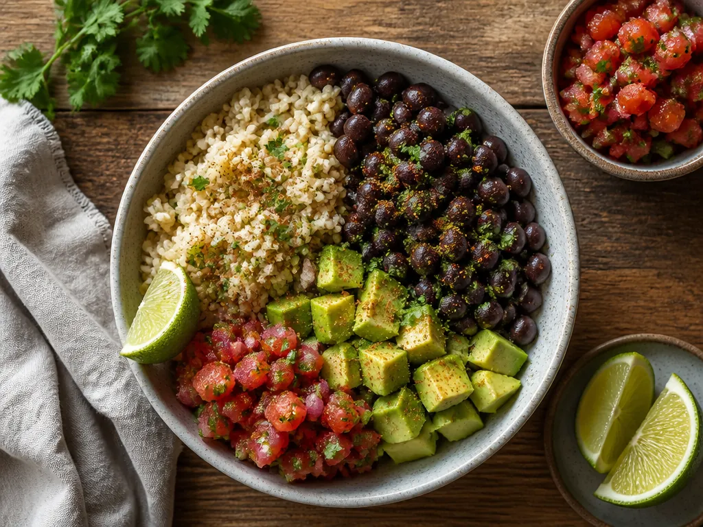 Black bean and brown rice bowl with avocado, salsa, cilantro, and lime