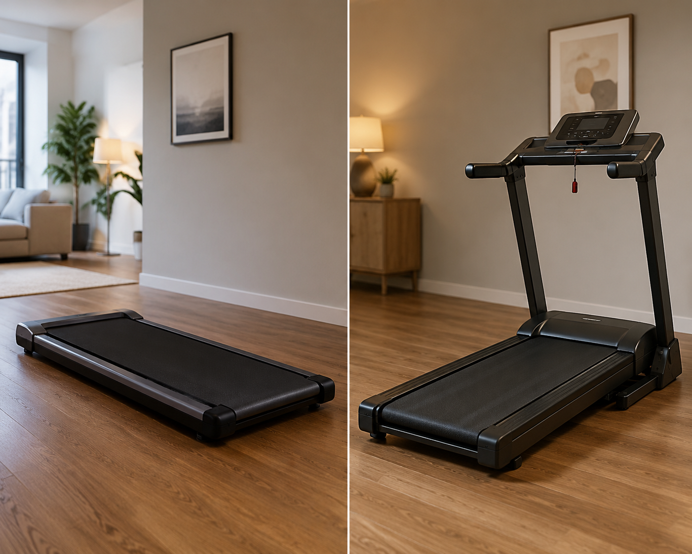 Side-by-side comparison of a slim walking pad and a larger foldable treadmill
