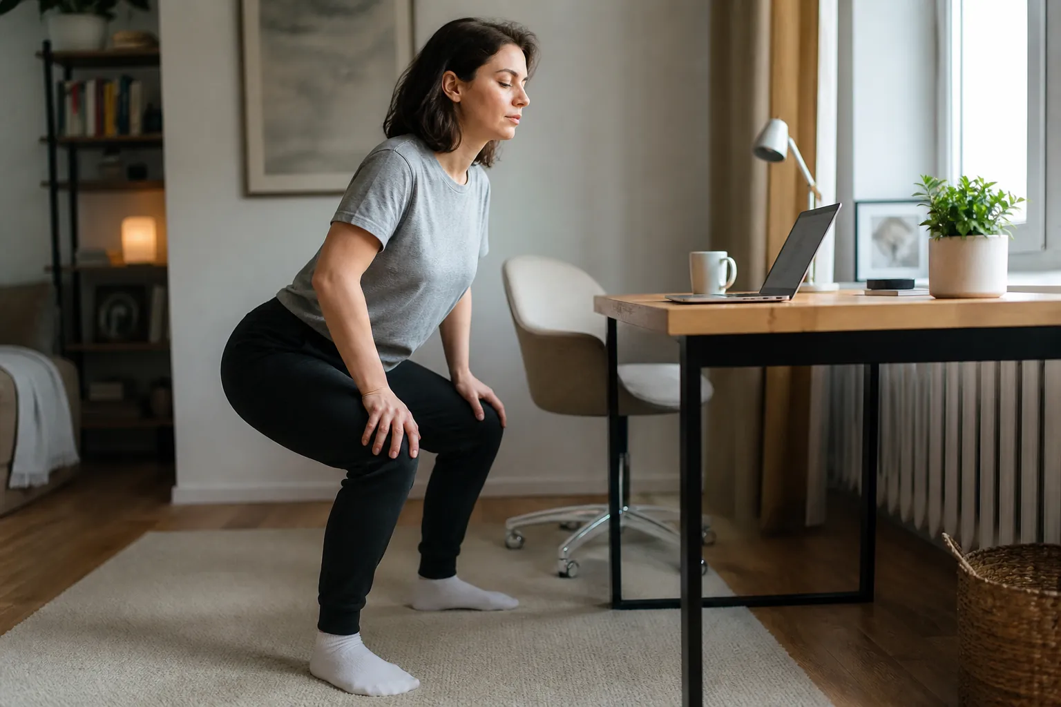 Woman in socks doing a quiet squat beside a home-office desk during the workday