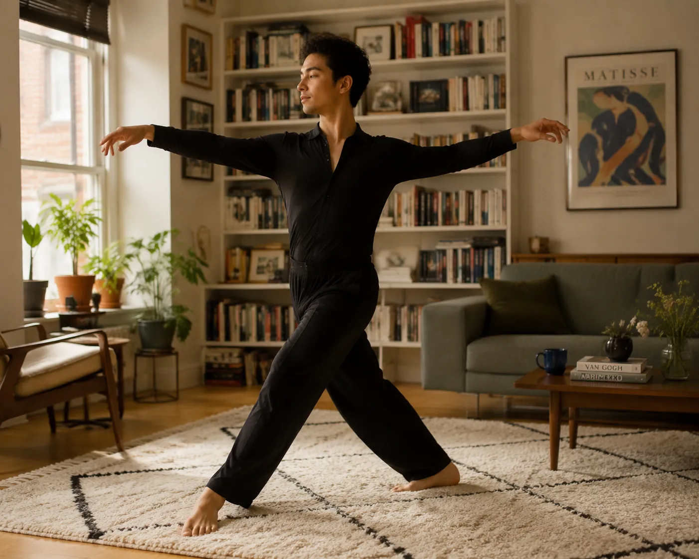 Barefoot dancer on a thick rug in an apartment living room using a ballroom frame and a low gliding step