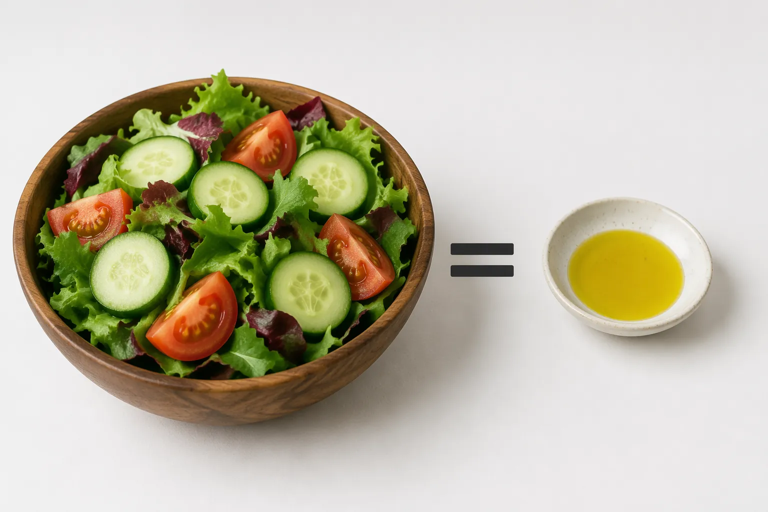 Large bowl of cucumbers, tomatoes, and greens compared with a small dish of olive oil