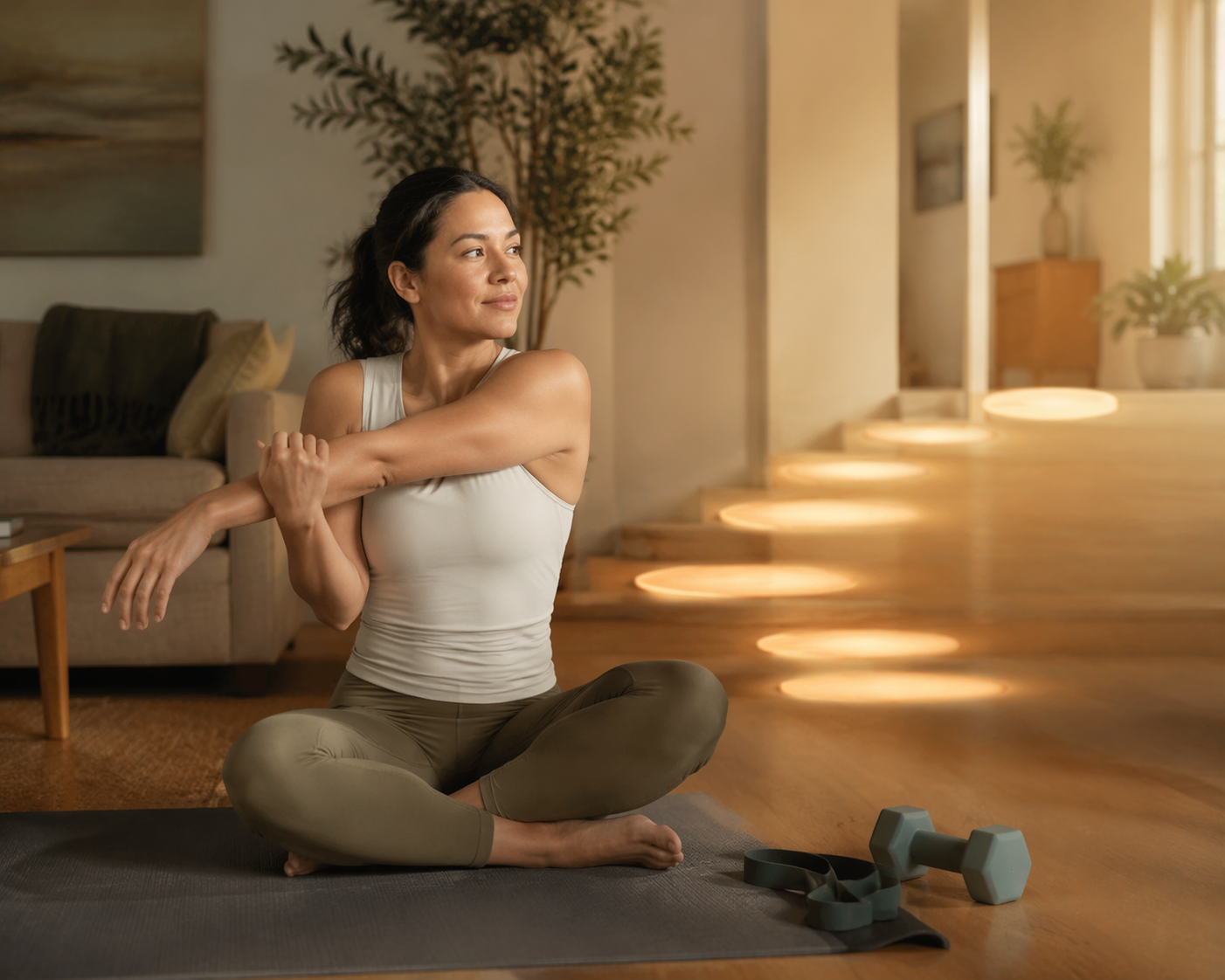 Person on a living room yoga mat stretching gently with a resistance band and light dumbbell nearby